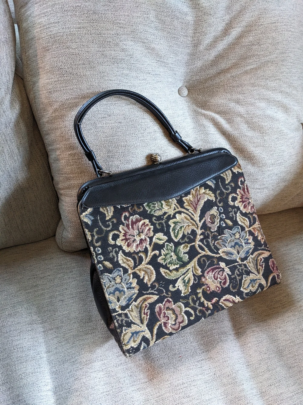 Tapestry Floral Top-Handle Bag in Black with Multicolor Embroidery